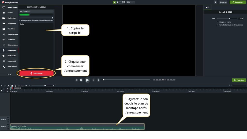 Vous pouvez enregistrer une voix off pour tout contenu vidéo.