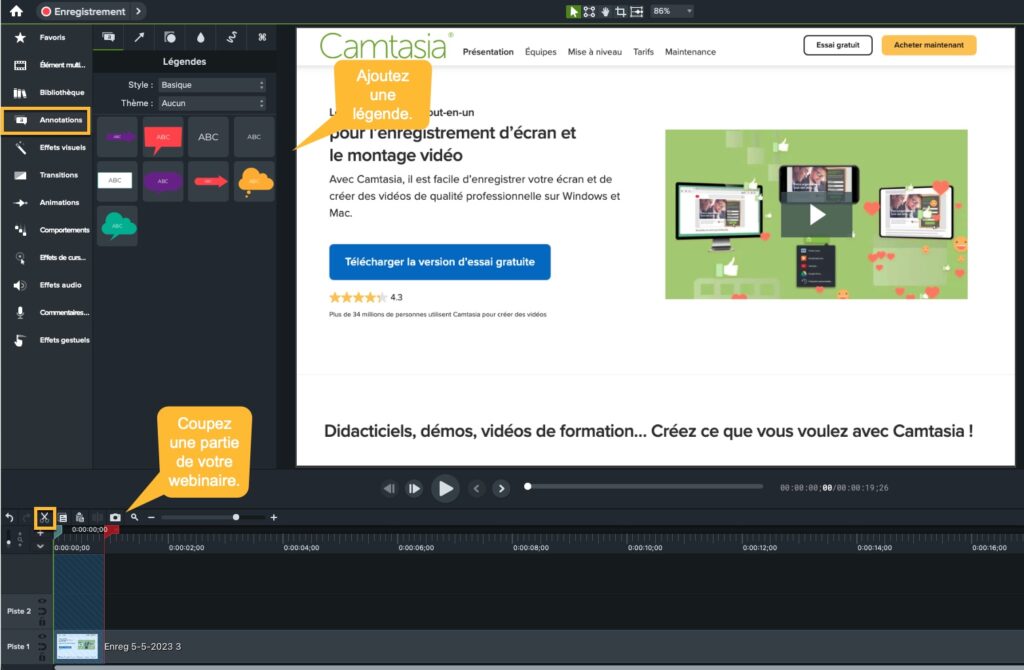 Modifier l'enregistrement d'un webinaire avec Camtasia