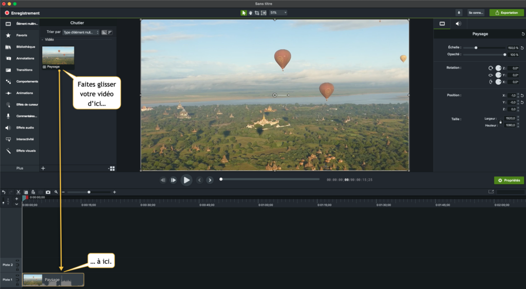 Camtasia permet de personnaliser la rotation de vidéo.