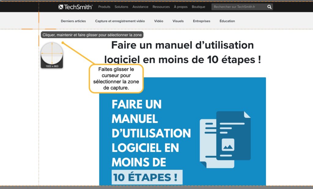 Manuel d'utilisation logiciel en sélectionnant une zone de capture d'écran