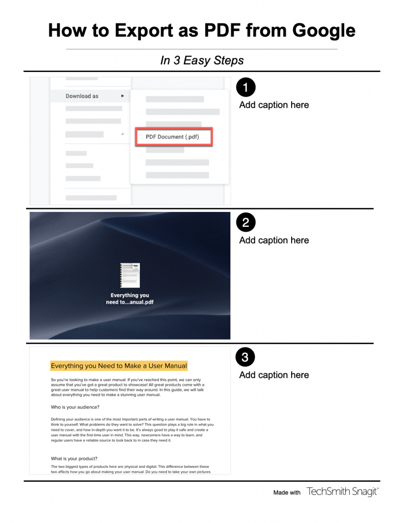 Exemple de manuel d'utilisation de logiciel créé avec un template d'images combinées sur Snagit