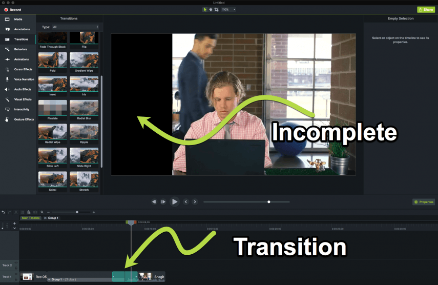 Exemple de transition incomplète dans un montage vidéo