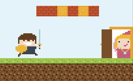 Pixel art swordsman prince running to his princess staying behind the door in location with sky and clouds, grass, soil and brick wall