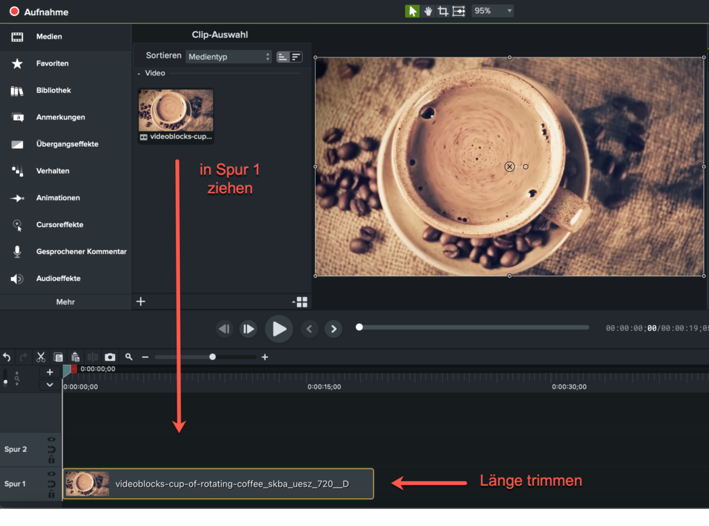 Video in Spur 1 ziehen und Länge anpassen in Camtasia