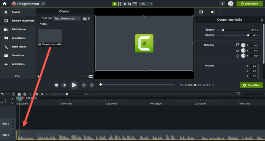 Couper une vidéo avec Camtasia en la faisant glisser dans le chutier