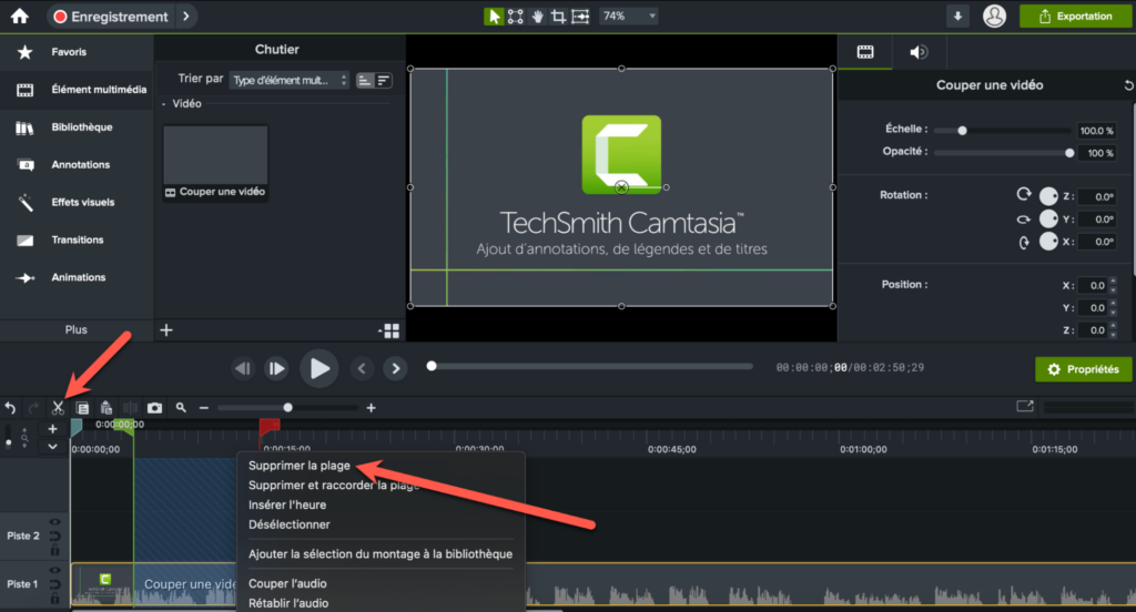 Supprimer une plage pour couper une vidéo avec Camtasia