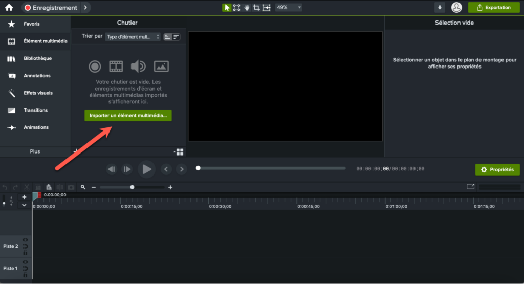 Importer un élément dans Camtasia pour couper une vidéo