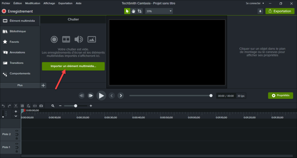 Première étape pour supprimer le son d'une vidéo sur Camtasia.