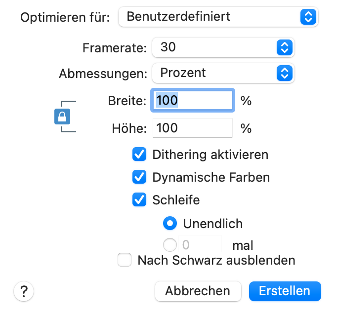 Einstellungen für benutzerdefiniertes Komprimieren eines GIFs in Snagit.