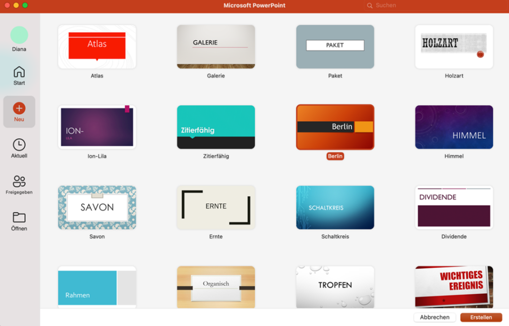 PowerPoint bietet Vorlagen mit Designs für Präsentationen.