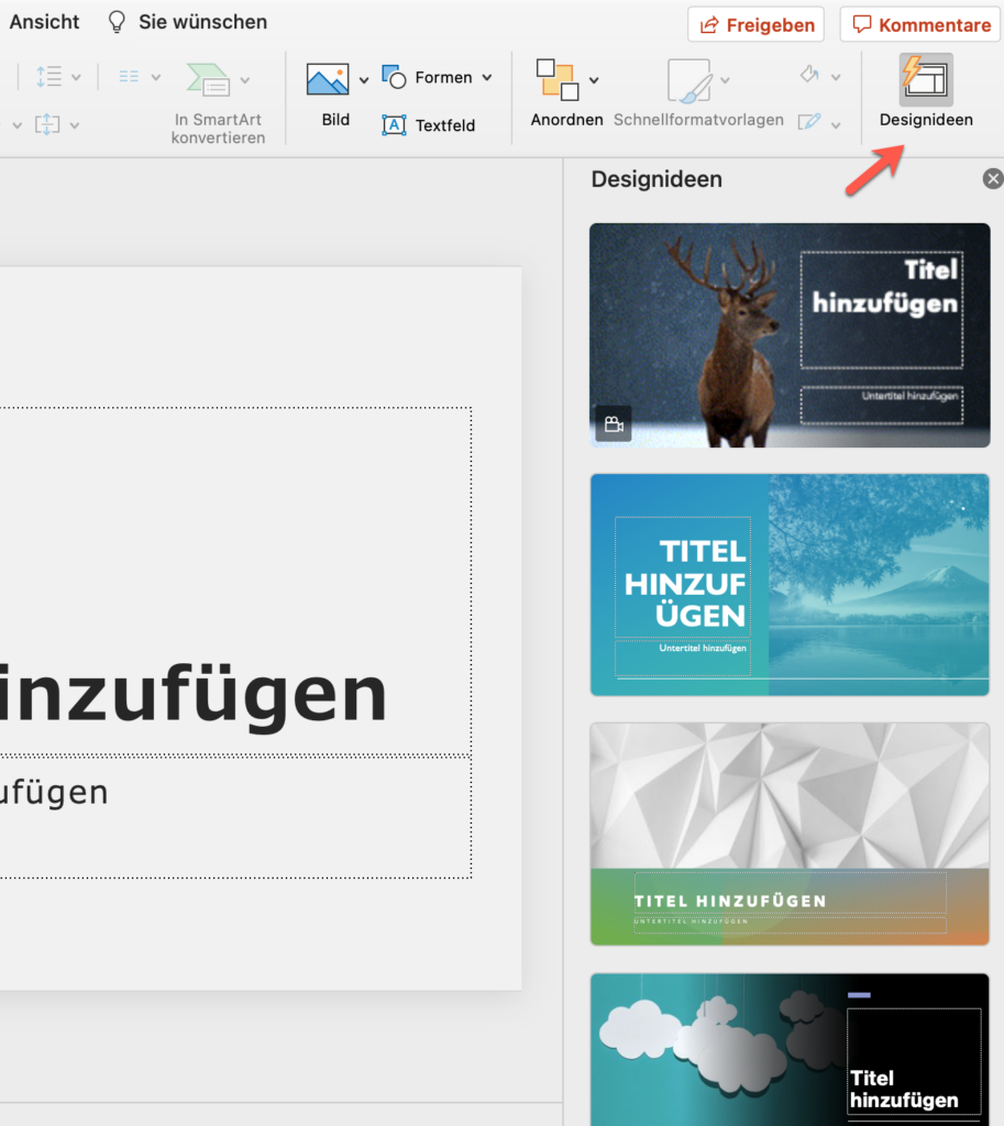 Die Funktion Designideen in PowerPoint liefert Vorschläge für die Gestaltung.