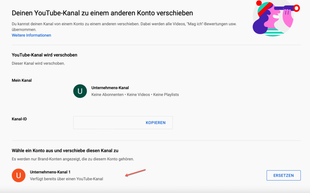 Screenshot YouTube: YouTube-Kanal zu Brand-Konto verschieben.