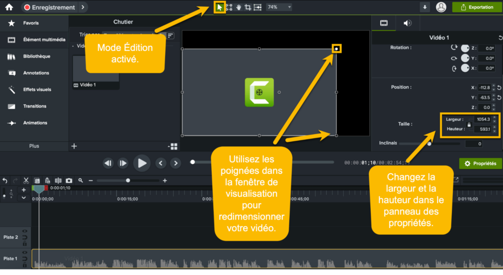 Camtasia pour redimensionner une vidéo