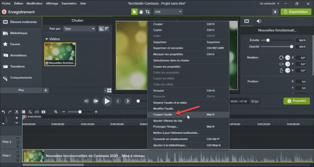 Troisième étape pour supprimer le son d'une vidéo sur Camtasia.