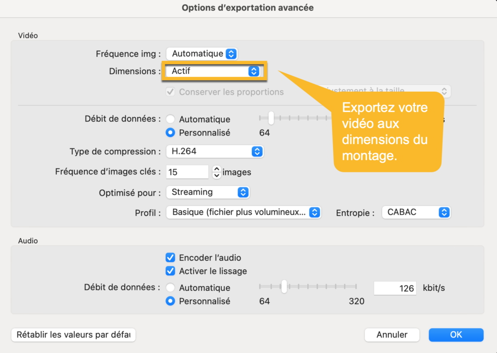 Paramètres d'exportation pour redimensionner une vidéo