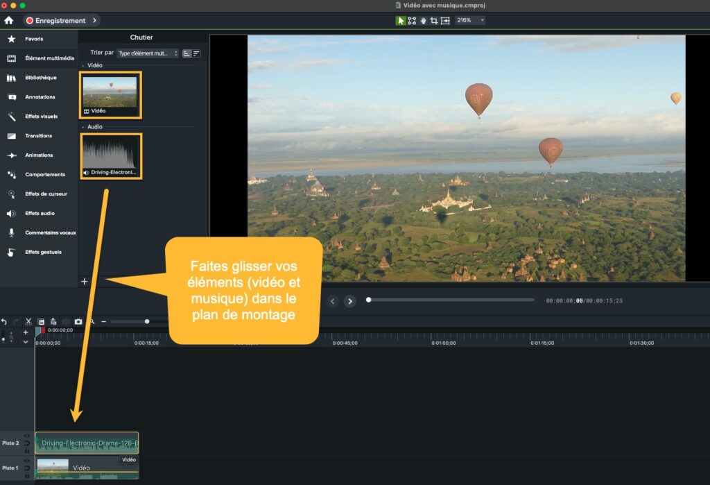 Ajout de la musique au plan de montage vidéo dans Camtasia