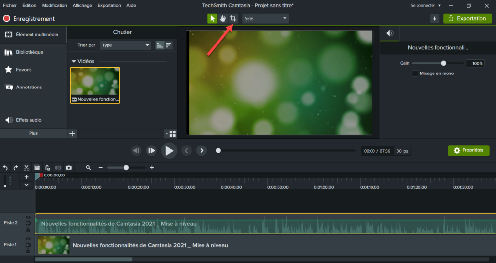 Deuxième étape pour rogner une vidéo sur Camtasia.