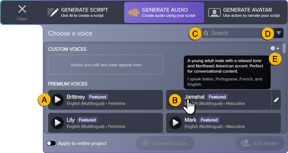 Capture d’écran de l’onglet Generate Audio (Générer l’audio) avec des étiquettes indiquant l’aperçu vocal, le nom de la voix, la fonction de recherche, la fonction de filtre et les réglages de qualité audio