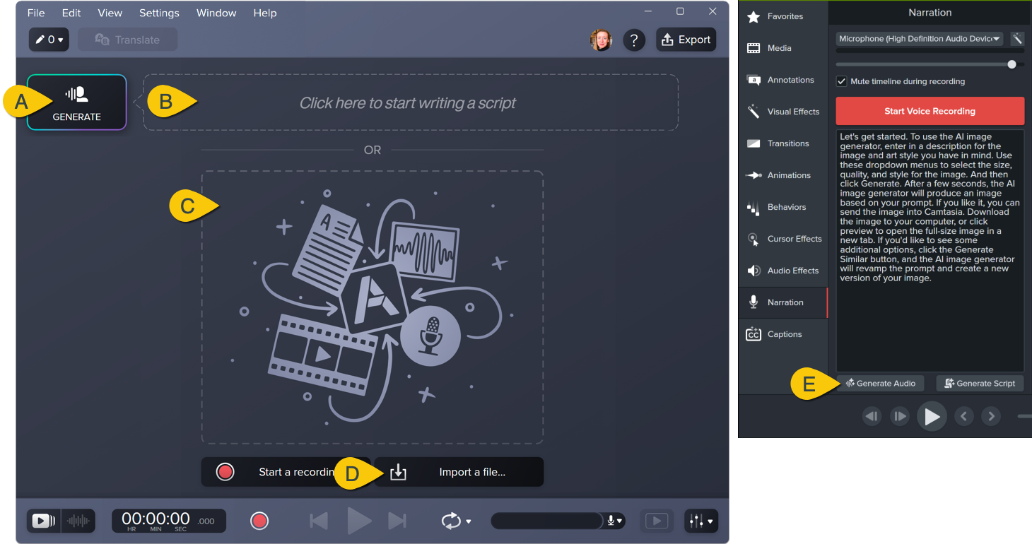 Options étiquetées pour ajouter du texte dans Audiate et Camtasia Editor