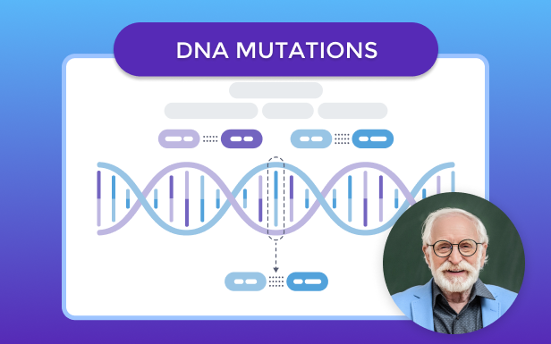 An illustration depicting DNA mutations with a header labeled "DNA Mutations" and a video of a man in the corner.