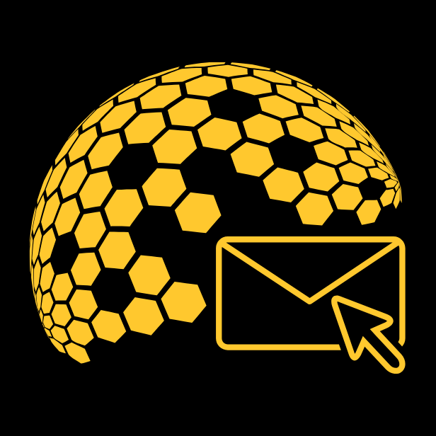 Hexagonal pattern forming a sphere with an envelope and arrow icon.