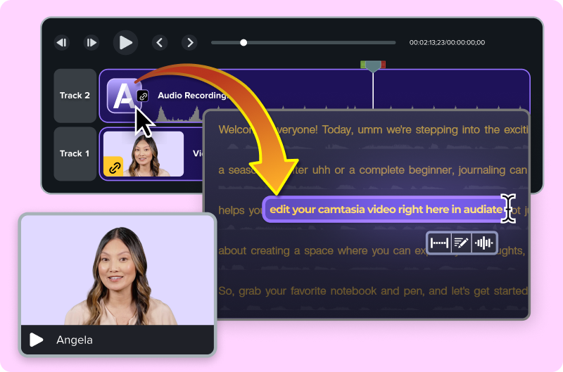 Camtasia interface showing a linked audio recording clip connected to an Audiate project. After selecting the clip in Camtasia, Audiate opens to allow text-based editing of video and audio in sync. Highlighted text reads “edit your camtasia video right here in audiate,” illustrating how both applications work together seamlessly.