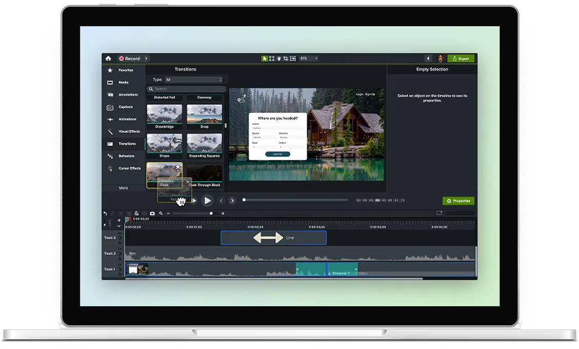 Laptop screen displaying Camtasia Editor UI