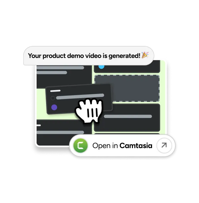 a product notification reading 'Your product demo video is generated! 🎉' above a dark-themed card interface with a cursor dragging a content card, and a green 'Open in Camtasia' button with an external-link icon.